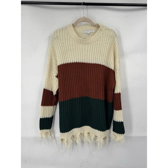 HYFVE Distressed Hem Sweater Women Large Ivory Green Burgundy Grunge Preppy Boho - Picture 1 of 8